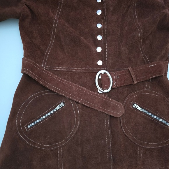 Vintage 70s Women's Brown Belted Suede Leather Jacket Front Snaps Lined Medium - Picture 5 of 13